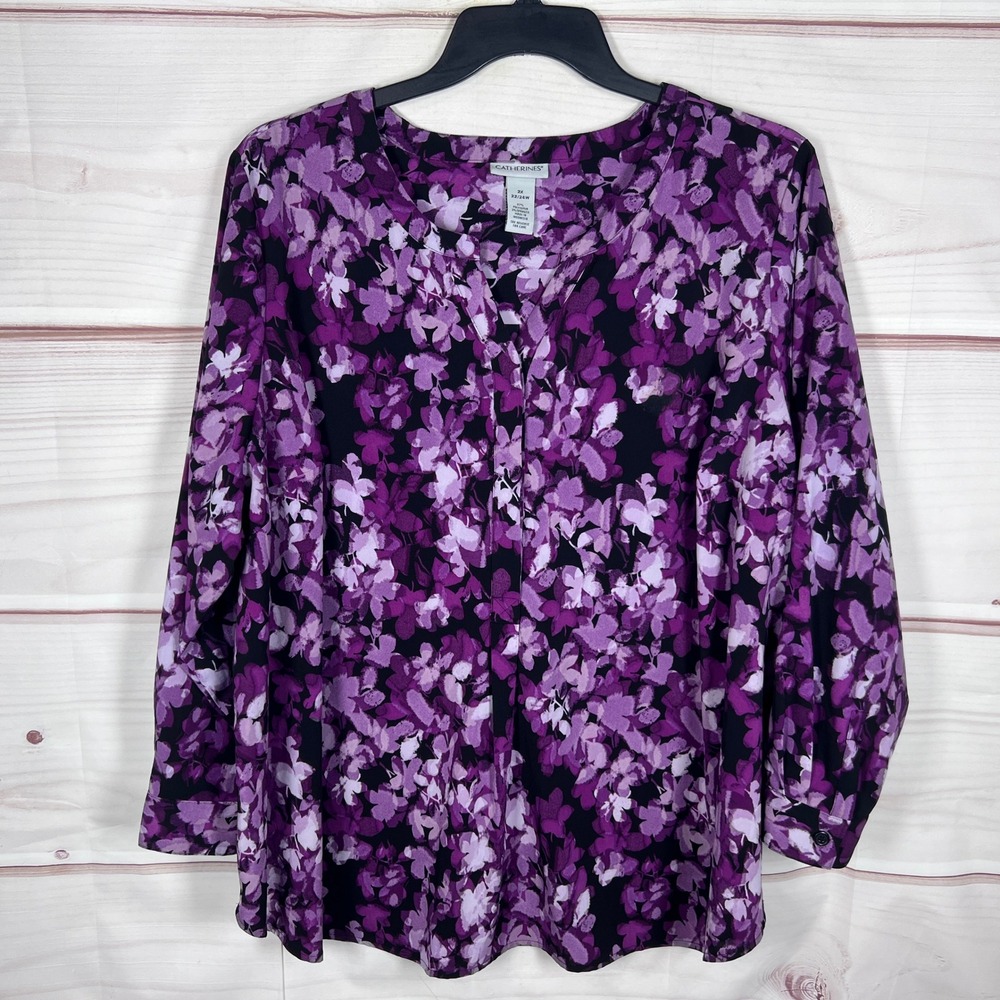 Catherines Blouse Women 2X Purple Floral Print V-Neck Long Sleeve Pullover Top